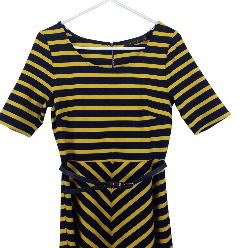 The Limited Short Sleeve Dress Blue Yellow Stripes Belted A-Line Office Prep S